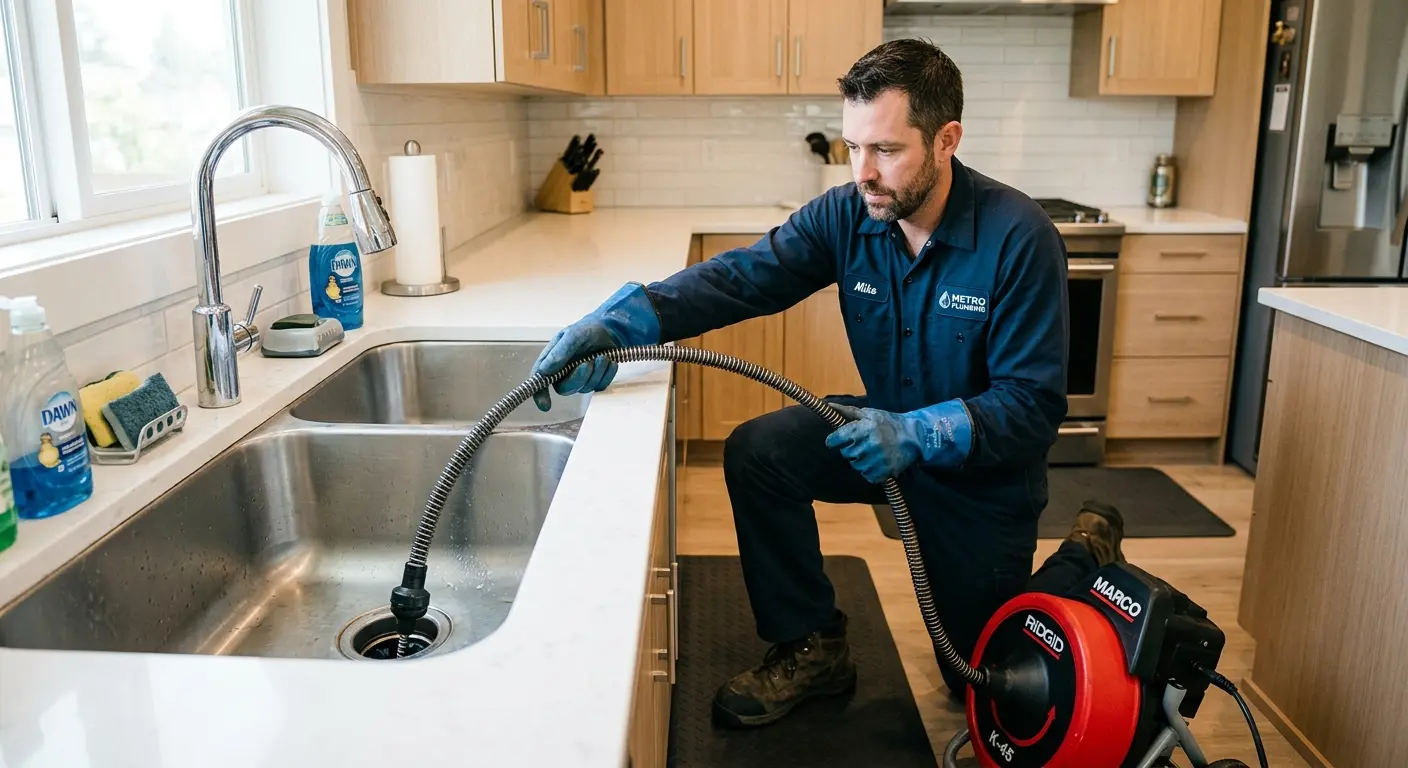Drain cleaning technician using a motorized snake on a kitchen sink in Schiller Park