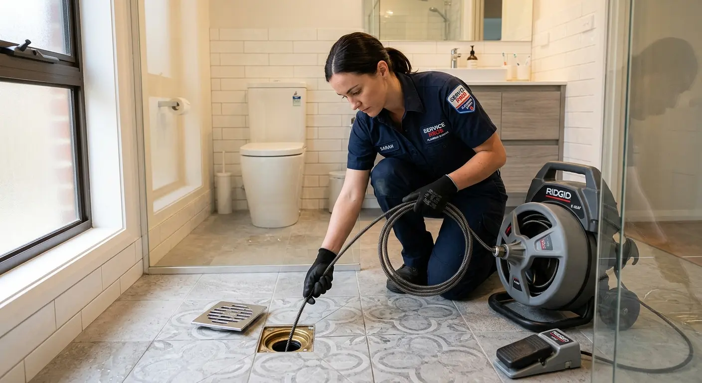 Technician clearing a bathroom floor drain for Sewer Line Replacement in Schiller Park